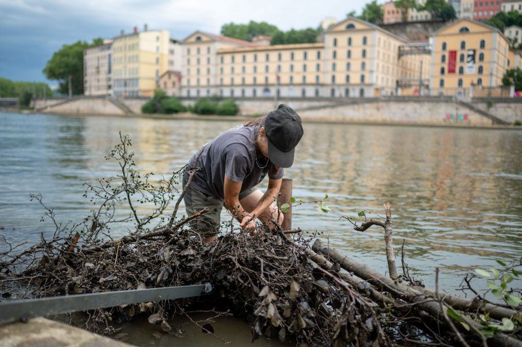 Bénévole disposant des branchages sur la berge du quai Pierre-Scize à Lyon – Vincent Delesvaux, photographe vidéaste